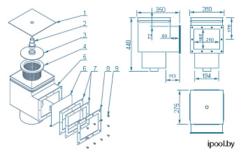 0-Скиммер универсальный V=25л с переливом, АТ int 2", пленка